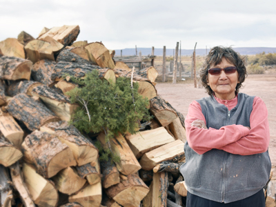 Photo of Anna by the woodpile